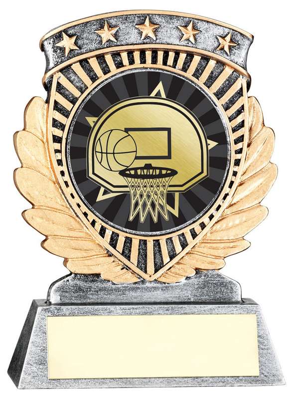 PEW/GOLD 5 STAR HOLDER WITH VINYL BASKETBALL INSERT & PLATE – 3.75in