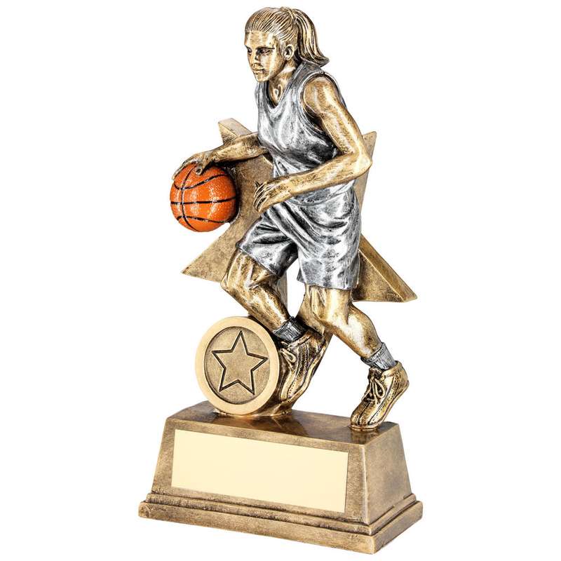 BRZ/PEW/ORANGE FEMALE BASKETBALL FIGURE WITH STAR BACK WITH PLATE (1in CEN) – 6″