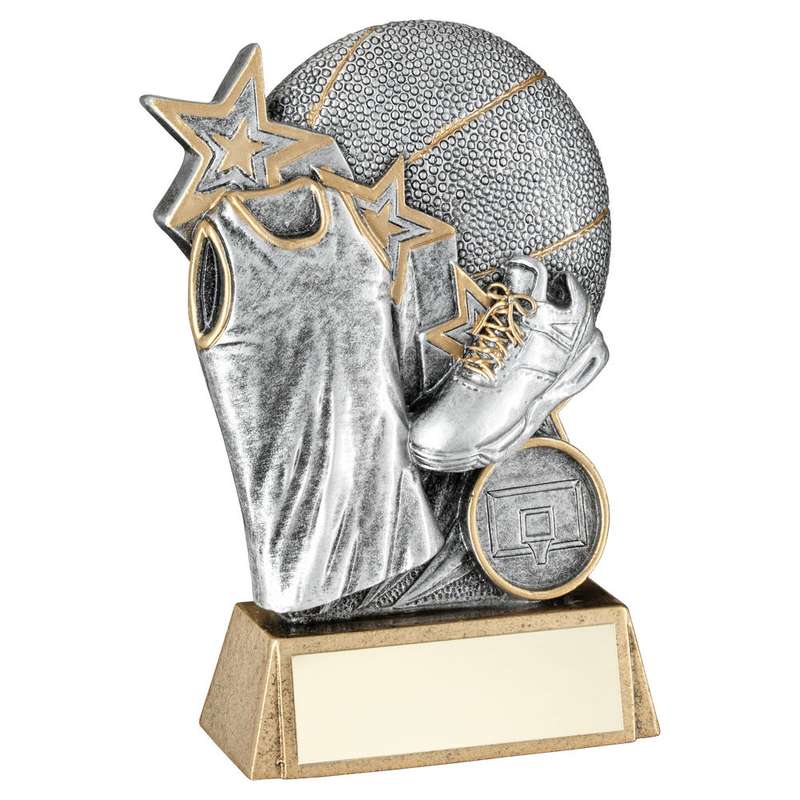PEW/GOLD BASKETBALL WITH SHOE/SHIRT ON BRZ BASE WITH PLATE (1in CEN) – 5.25″