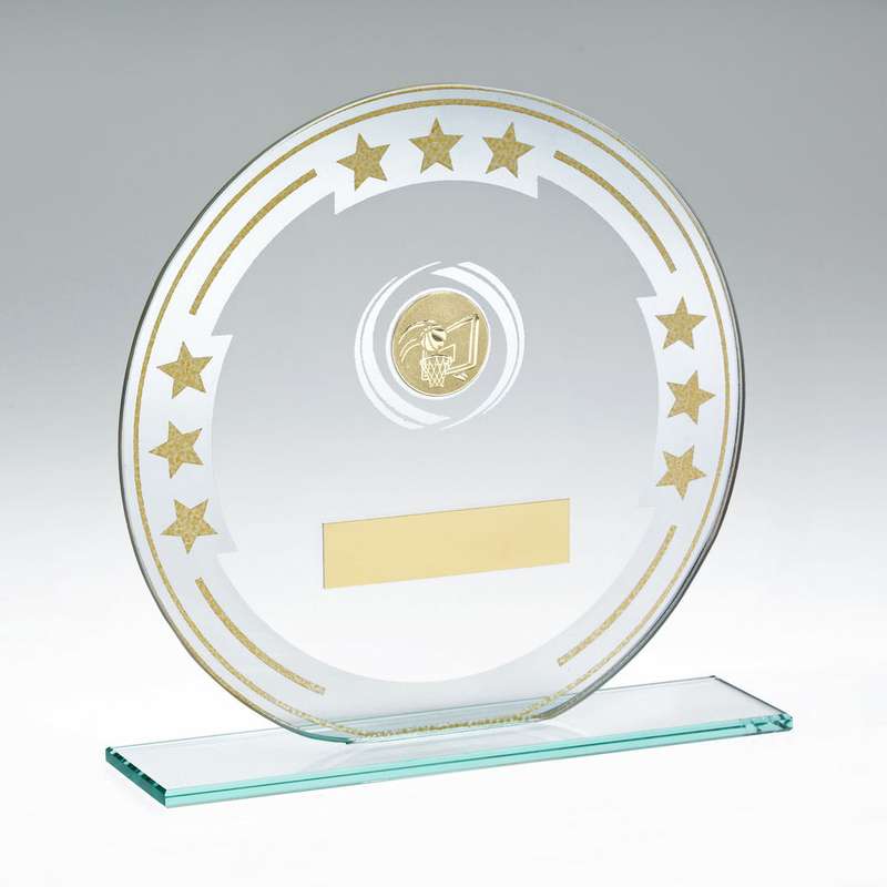JADE/SILVER/GOLD ROUND GLASS WITH BASKETBALL INSERT AND PLATE – 5.5in