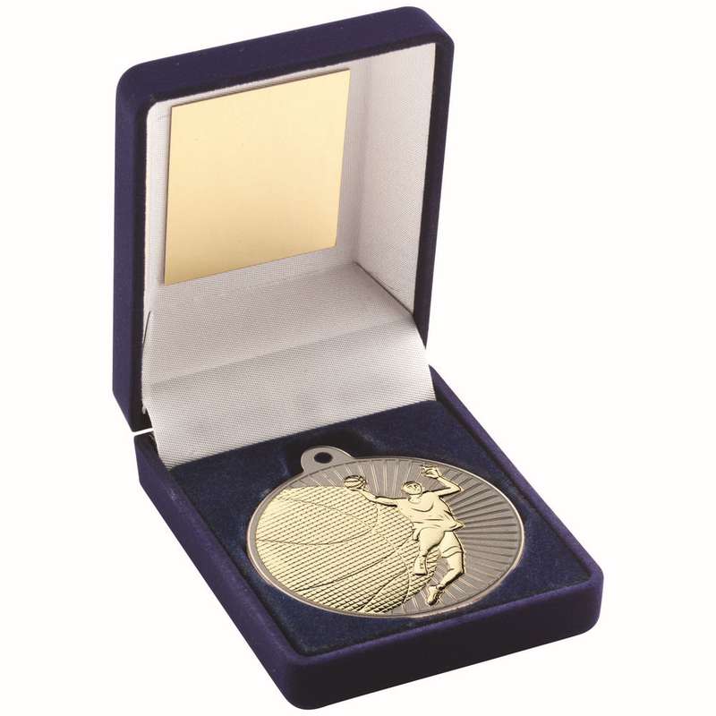 BLUE VELVET BOX AND 50mm BASKETBALL MEDAL TROPHY MATT SILVER/GOLD – 3.5in