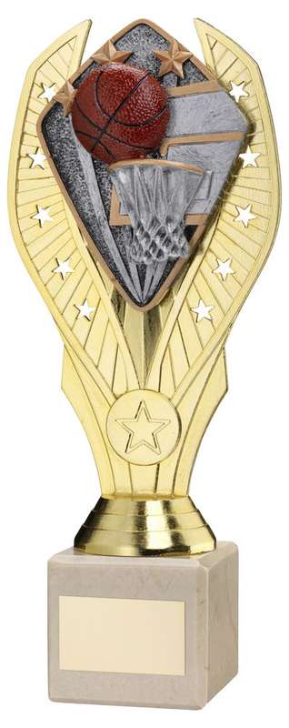 GOLD PLASTIC HOLDER + BASKETBALL DISC ON CREAM MARBLE TROPHY (1in CEN) – 7.75in
