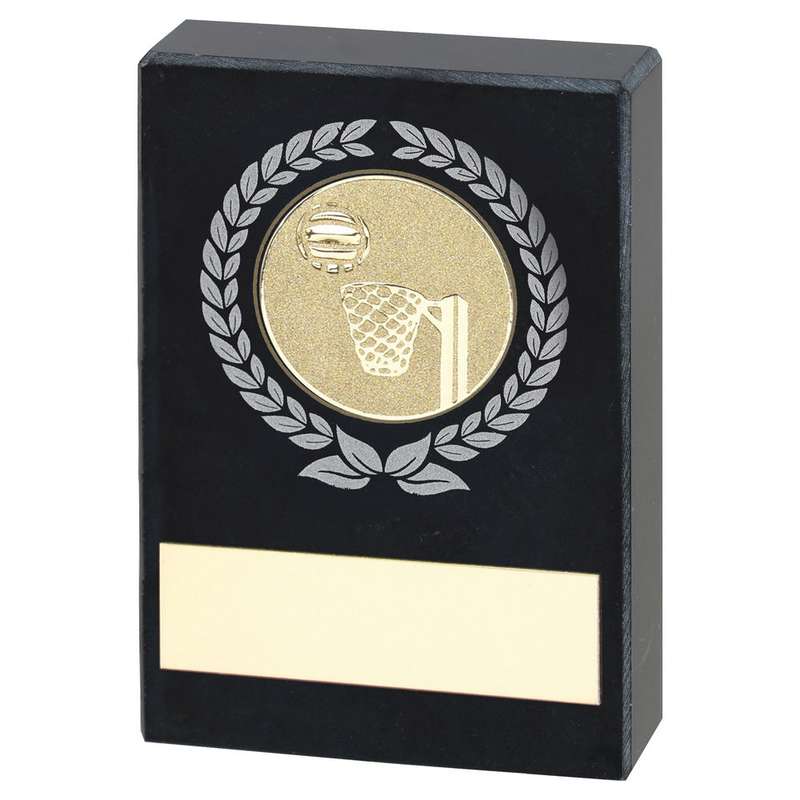 BLACK MARBLE WITH SILVER/GOLD WREATH, NETBALL INSERT AND PLATE – 2.5×1.75in