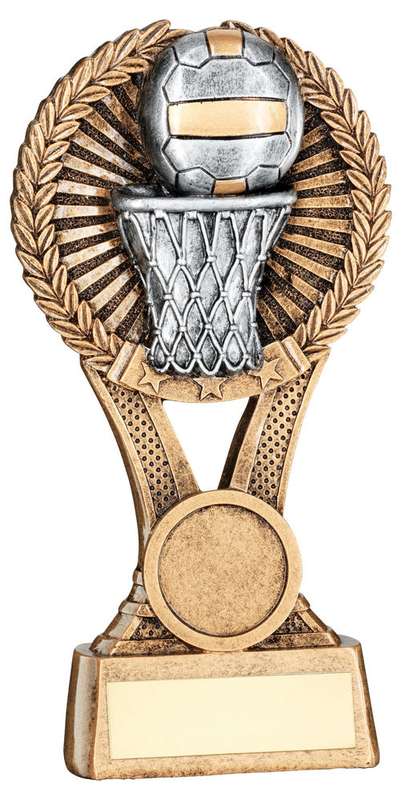 BRZ/GOLD/PEW NETBALL ROUND WREATH ON V RISER WITH PLATE (1in CEN) – 5in