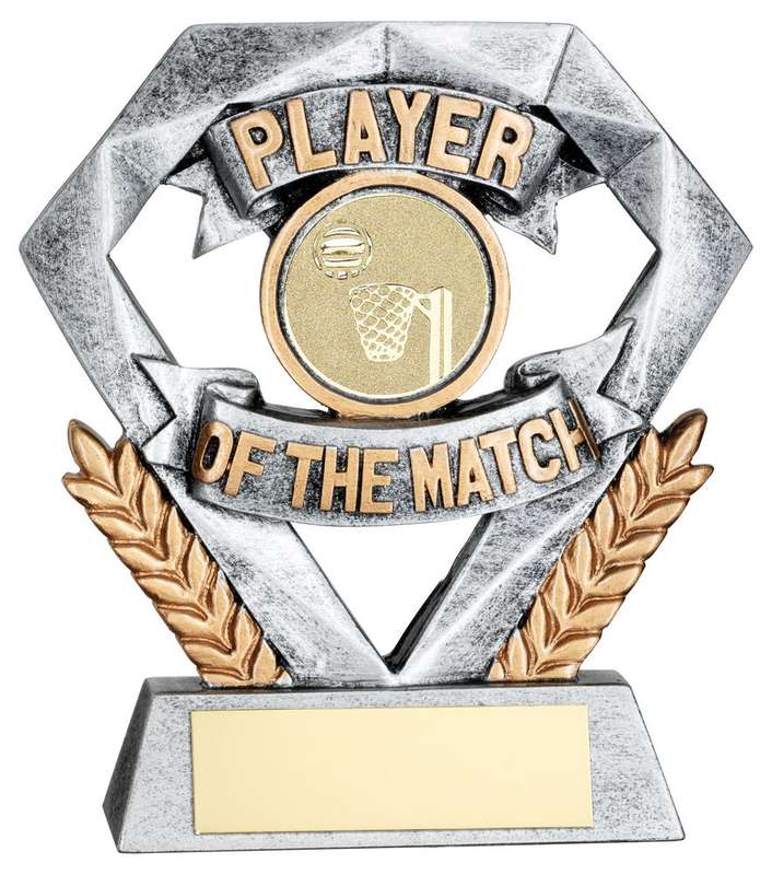 PEW/GOLD PLAYER OF THE MATCH MINI DIAMOND WITH NETBALL INSERT & PLATE – 4in