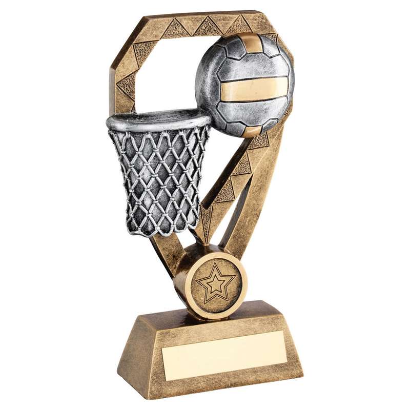 BRZ/PEW/GOLD NETBALL WITH NET ON DIAMOND WITH PLATE (1in CENTRE) – 7in