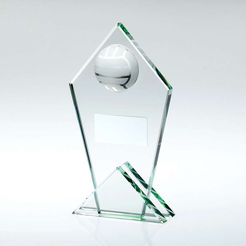 JADE GLASS POINTED PLAQUE WITH HALF NETBALL AND PLATE – 5.75in