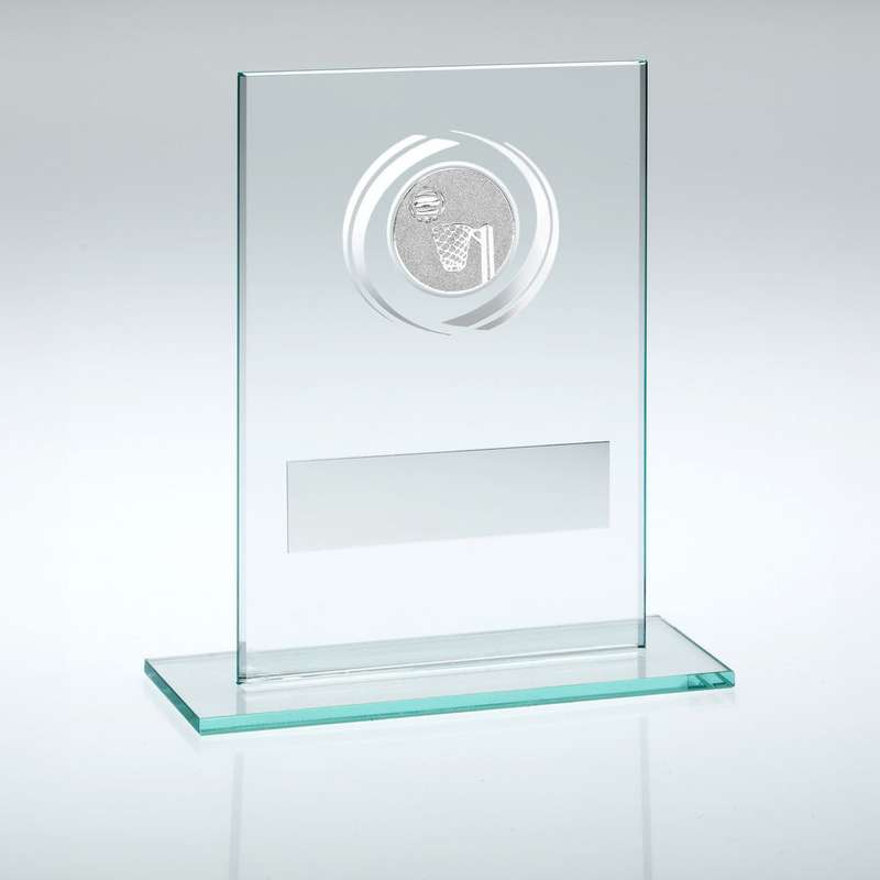 JADE/SILVER GLASS WITH NETBALL INSERT AND PLATE – 3.25in