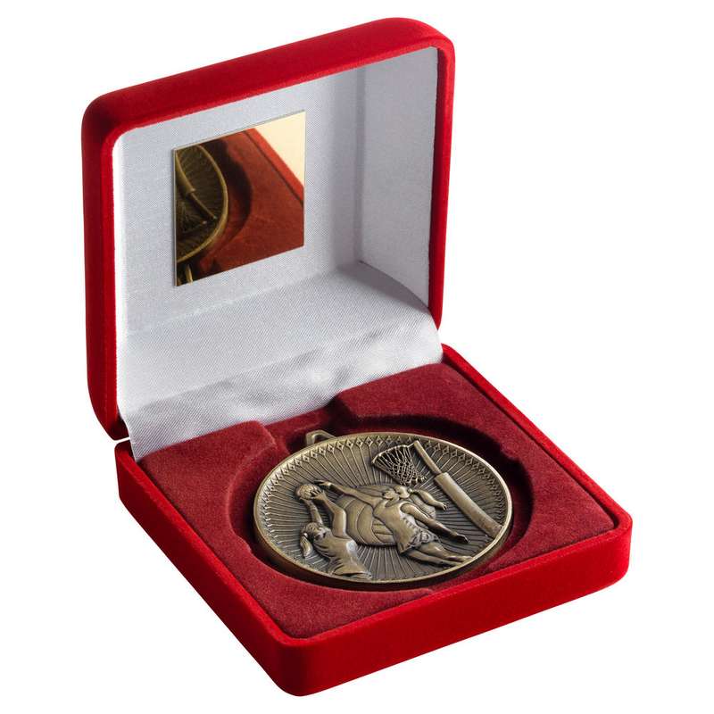 RED VELVET BOX AND 60mm MEDAL NETBALL TROPHY ANTIQUE GOLD – 4in