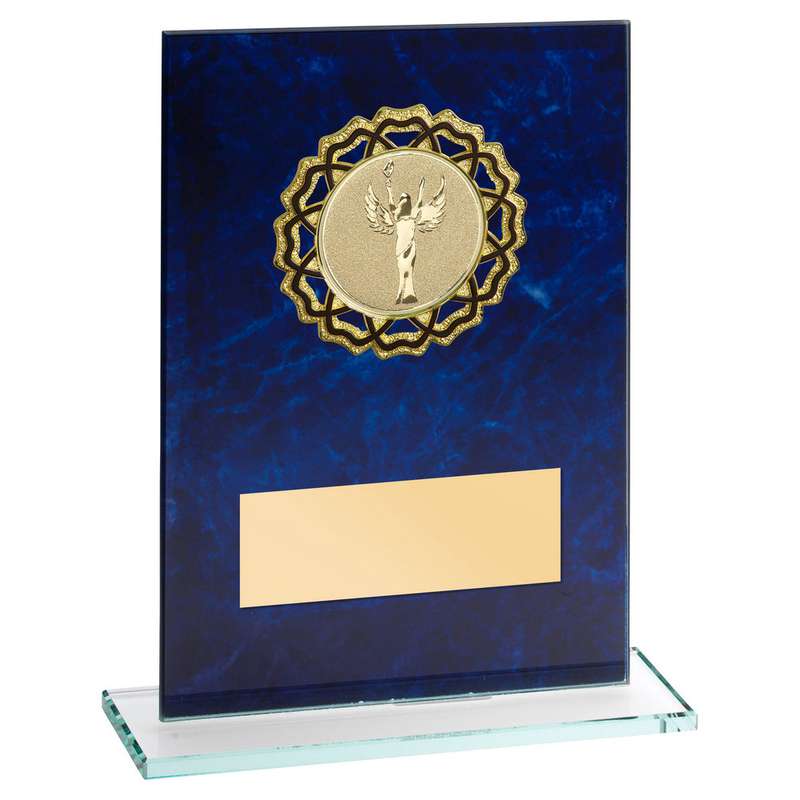 JADE GLASS WITH BLUE MARBLE BACKING AND GOLD/BLK TRIM (2in CEN) – 6.5in
