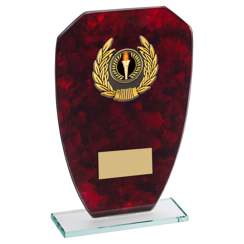 JADE GLASS WITH RED MARBLE BACKING AND GOLD TRIM TROPHY (1in CENTRE) – 6.5in
