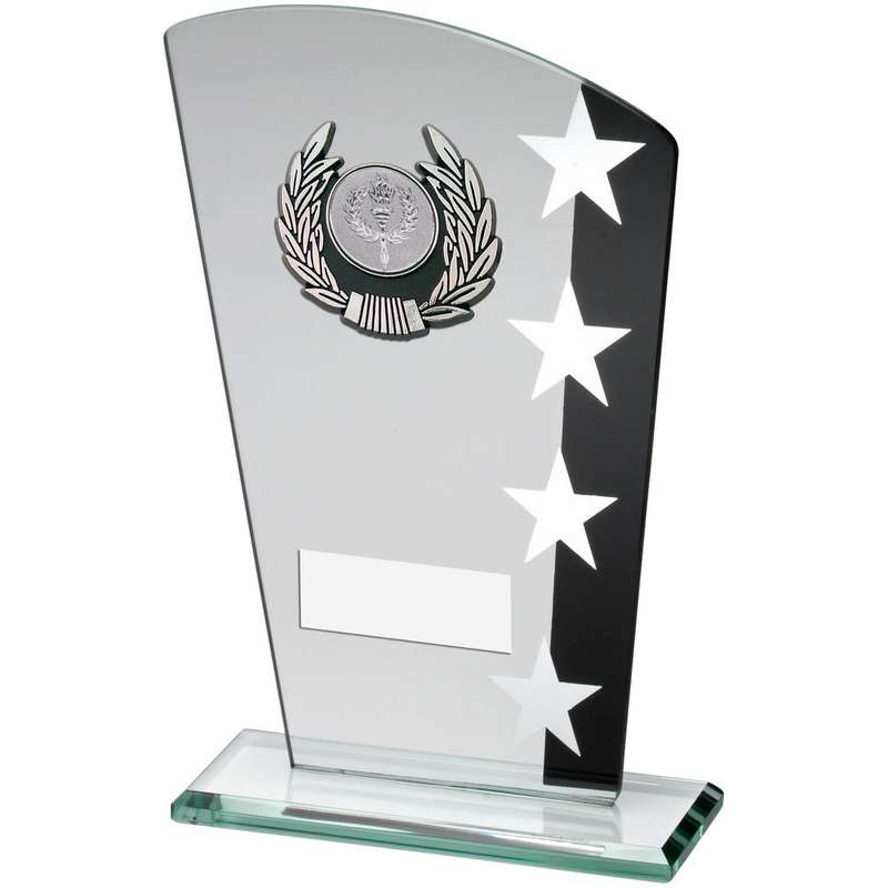 JADE/BLK/SILV GLASS PLAQUE WITH SILV/BLK TRIM TROPHY (1in CENTRE) – 6.5in