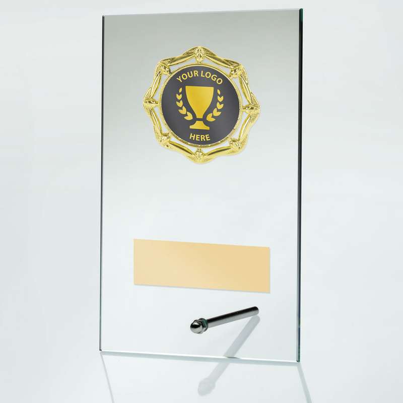 JADE GLASS RECTANGLE PLAQUE WITH GOLD TRIM TROPHY (2in CENTRE) – 6.25in