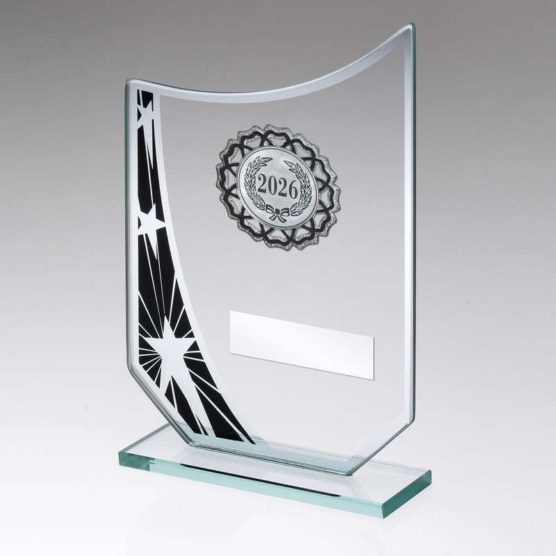 JADE/BLK/SILV GLASS STAR PLAQUE WITH SILV/BLK TRIM TROPHY – (1in CEN) – 6.5in