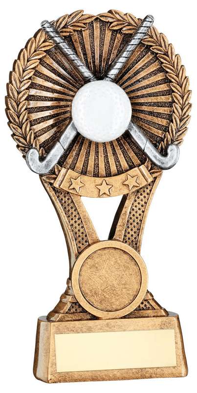 BRZ/GOLD/PEW HOCKEY ROUND WREATH ON V RISER WITH PLATE (1in CEN) – 5in