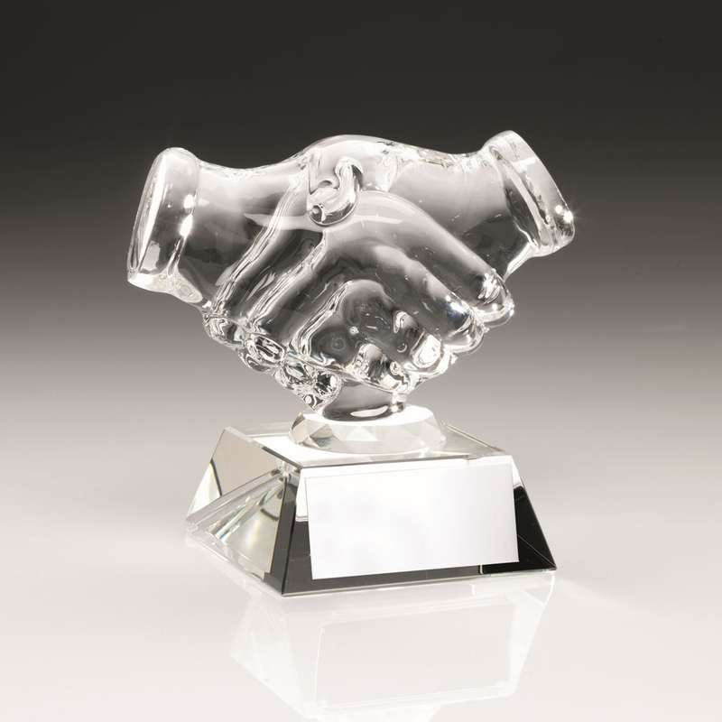 CLEAR GLASS HANDSHAKE WITH PLATE – 4.25in