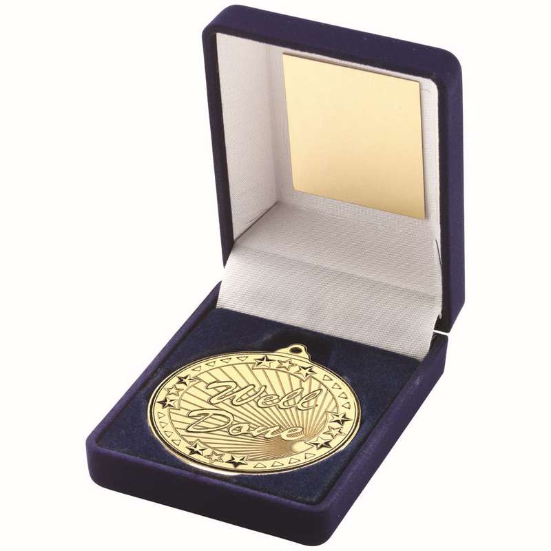 BLUE VELVET BOX AND 50mm GOLD MEDAL WELL DONE TROPHY – 3.5in