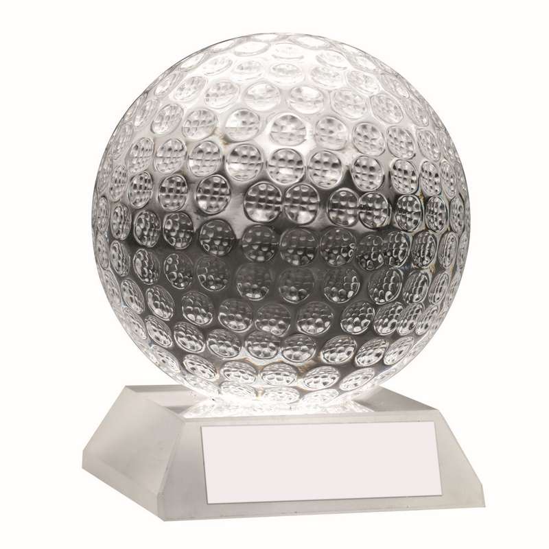 CLEAR GLASS GOLF BALL WITH PLATE - 3in