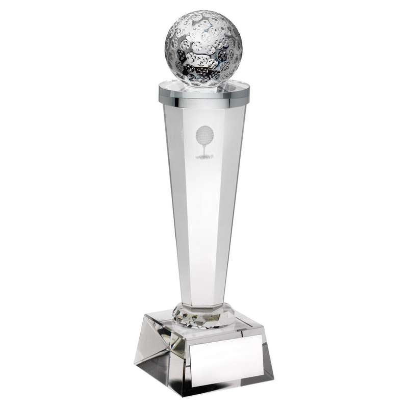 CLEAR GLASS COLUMN WITH LASERED GOLF IMAGE WITH PLATE – 7.25in