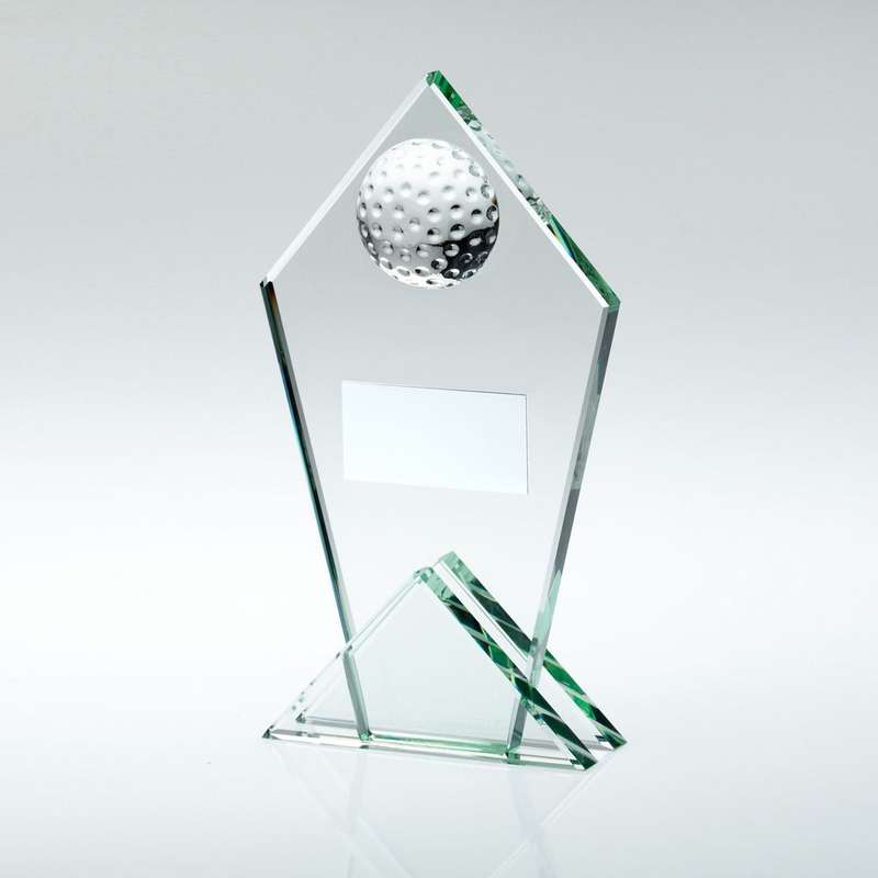 JADE GLASS POINTED PLAQUE WITH HALF GOLF BALL AND PLATE – 5.75in