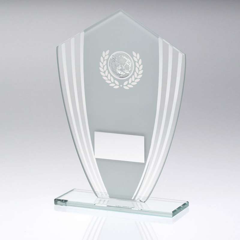WHITE/SILVER GLASS SHIELD PLAQUE WITH GOLF INSERT & PLATE – 6.5in