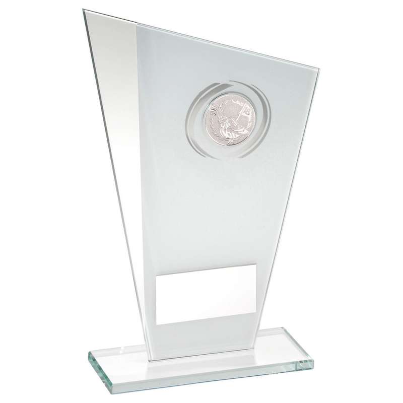 WHITE/SILVER PRINTED GLASS PLAQUE WITH GOLF INSERT WITH PLATE – 8in