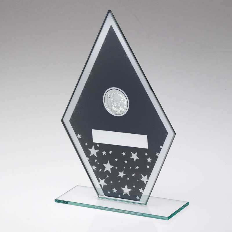 GREY/SILVER PRINTED GLASS DIAMOND WITH GOLF CENTRE AND PLATE – 6.5in