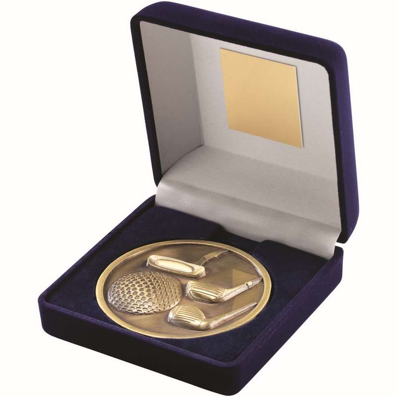 BLUE VELVET BOX AND 70mm MEDALLION GOLF TROPHY ANTIQUE GOLD – 4in