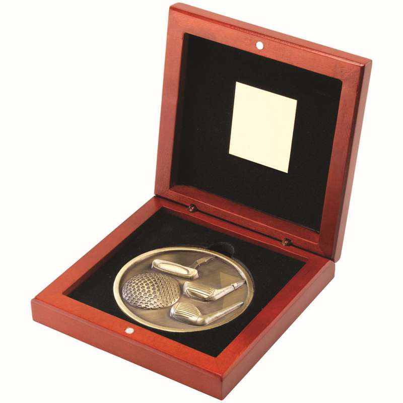 ROSEWOOD BOX AND 70mm MEDALLION GOLF TROPHY ANTIQUE GOLD – 4.5in