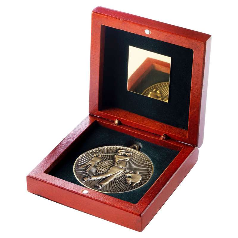ROSEWOOD BOX AND 60mm MEDAL GOLF TROPHY ANTIQUE GOLD – 4.25in