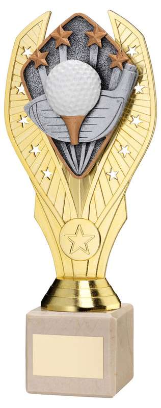 GOLD PLASTIC HOLDER + GOLF DISC ON CREAM MARBLE TROPHY (1in CEN) – 7.75in