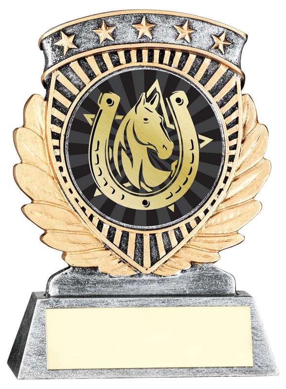 PEW/GOLD 5 STAR HOLDER WITH VINYL HORSE INSERT & PLATE – 3.75in