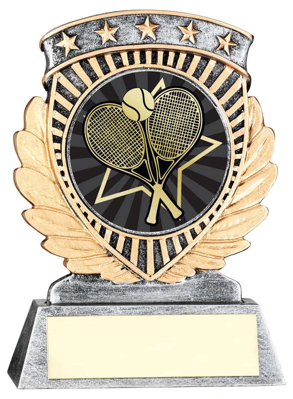 PEW/GOLD 5 STAR HOLDER WITH VINYL TENNIS INSERT & PLATE – 3.75in