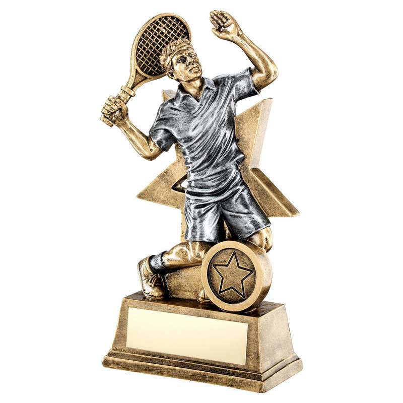 BRZ/GOLD/PEW MALE TENNIS FIGURE WITH STAR BACKING WITH PLATE (1in CENTRE) – 6in