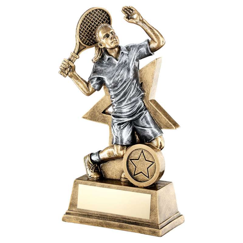BRZ/GOLD/PEW FEMALE TENNIS FIGURE WITH STAR BACKING WITH PLATE (1in CENTRE) – 7″