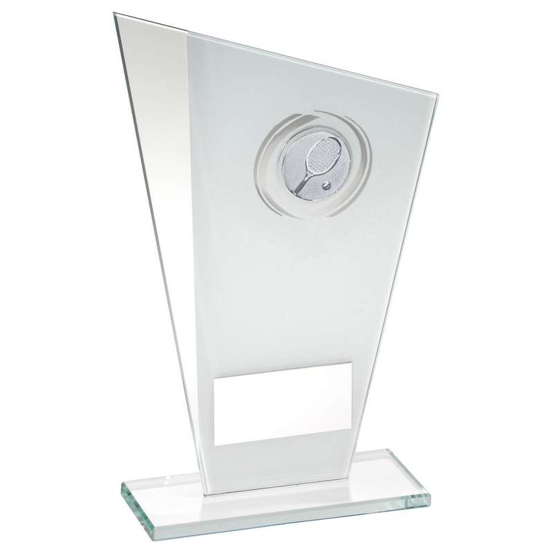 WHITE/SILVER PRINTED GLASS PLAQUE WITH TENNIS INSERT AND PLATE – 8in