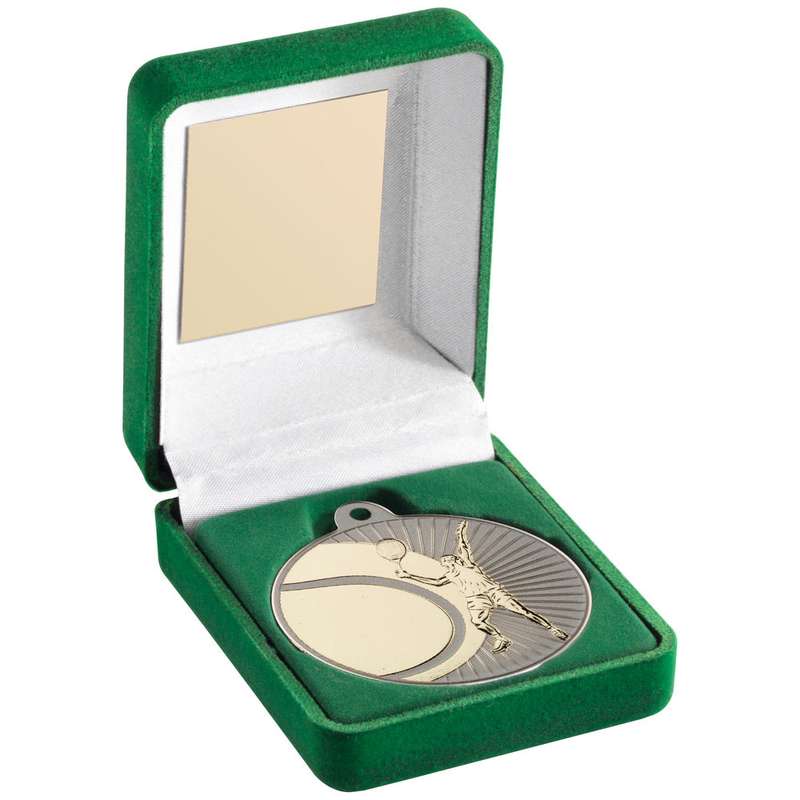 GREEN VELVET BOX AND 50mm TENNIS MEDAL TROPHY MATT SILVER/GOLD – 3.5in
