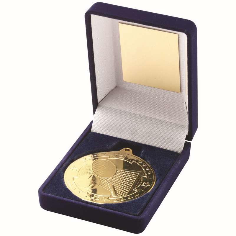 BLUE VELVET BOX AND 50mm MEDAL TENNIS TROPHY GOLD – 3.5in