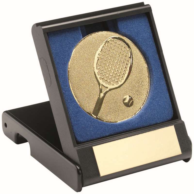 BLACK PLASTIC BOX WITH TENNIS INSERT TROPHY GOLD – 3.5in