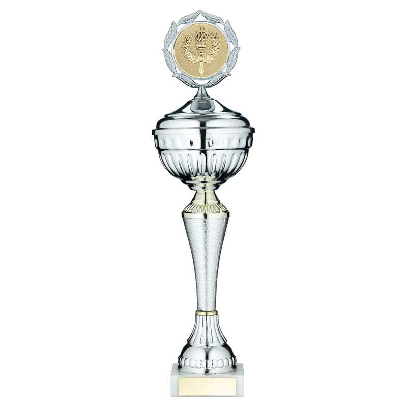 SILVER/GOLD SNAKESKIN TROPHY CUP WITH LID WITH PLATE (2in CENTRE) – 11.75in