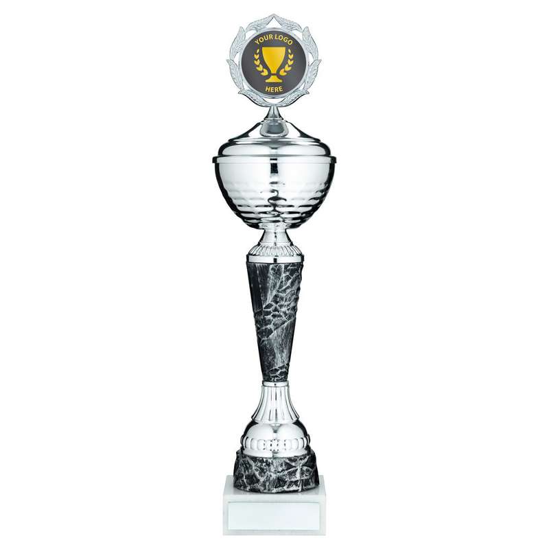 SILV/PEWTER TROPHY CUP WITH LID WITH PLATE (2in CENTRE) – 14.25in