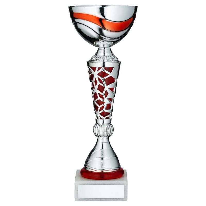 SILVER/RED TROPHY CUP WITH PLATE – 11in