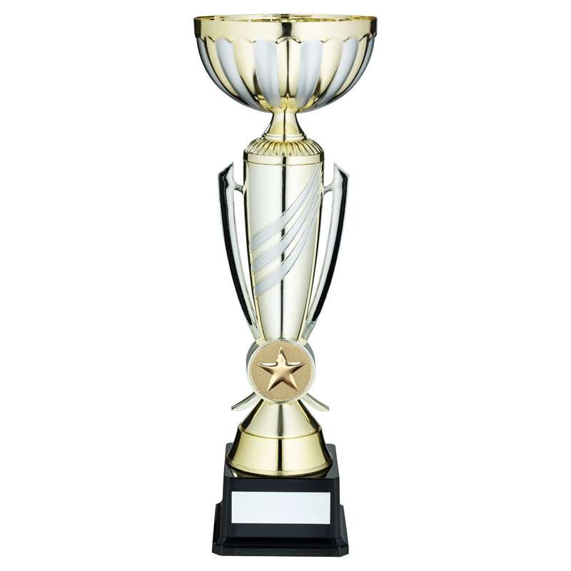 GOLD/MATT SILVER 3 STRIPE TROPHY CUP WITH PLATE (2in CENTRE) – 13.75in