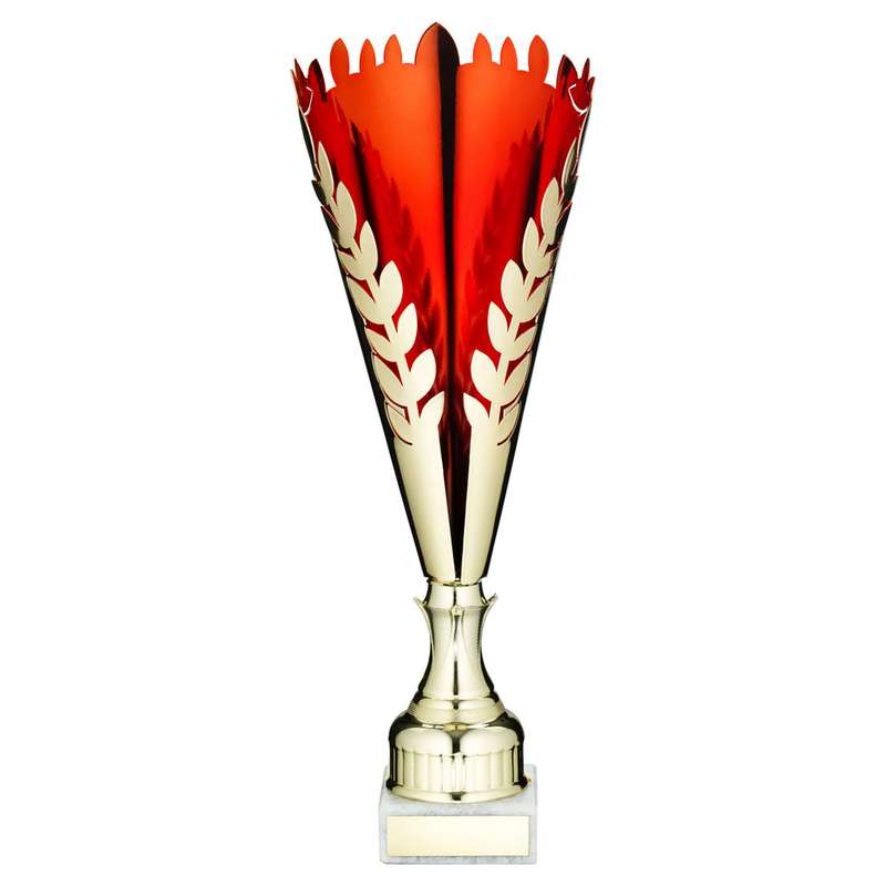 GOLD/RED METAL WREATH TROPHY CUP WITH PLATE – 13.5in
