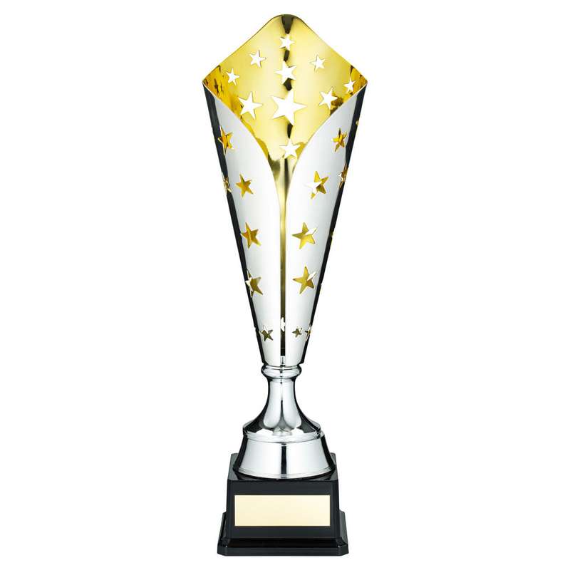 SILVER/GOLD METAL STAR TROPHY CUP WITH PLATE – 16.75in