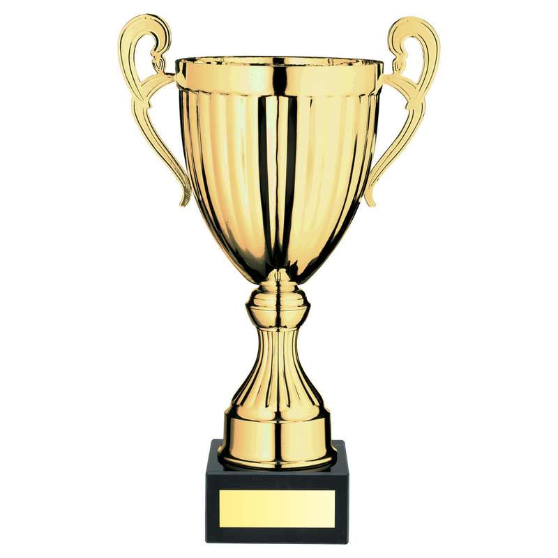 GOLD CONICAL TROPHY CUP WITH HANDLES AND PLATE – 10.25in