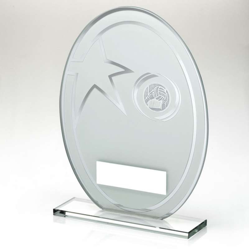 WHITE/SILVER PRINTED GLASS OVAL WITH GAELIC FOOTBALL INSERT AND PLATE – 6.5in
