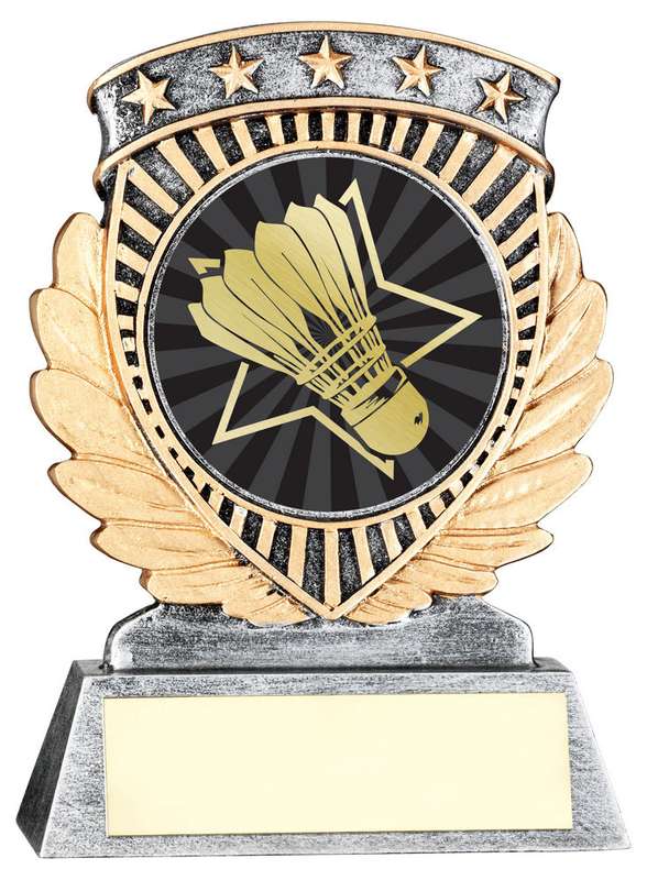 PEW/GOLD 5 STAR HOLDER WITH VINYL BADMINTON INSERT & PLATE – 3.75in