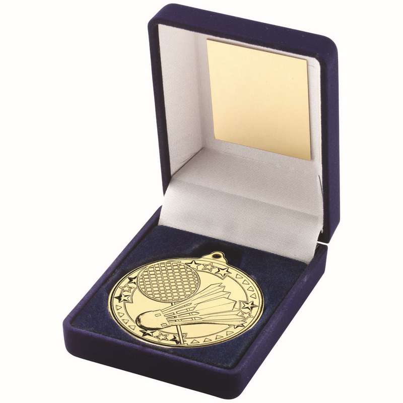 BLUE VELVET BOX AND 50mm MEDAL BADMINTON TROPHY GOLD – 3.5in