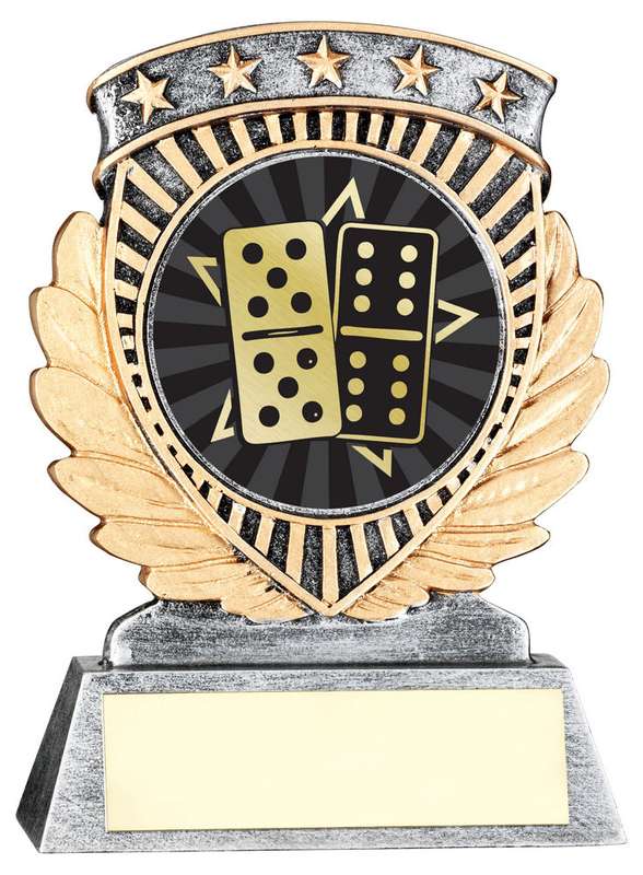 PEW/GOLD 5 STAR HOLDER WITH VINYL DOMINOES INSERT & PLATE – 3.75in